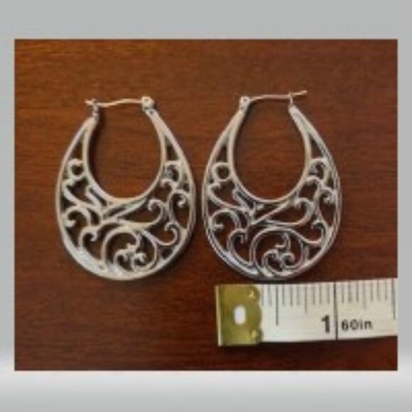 Silver Tone Drop Hoop Earrings - Picture 3 of 3